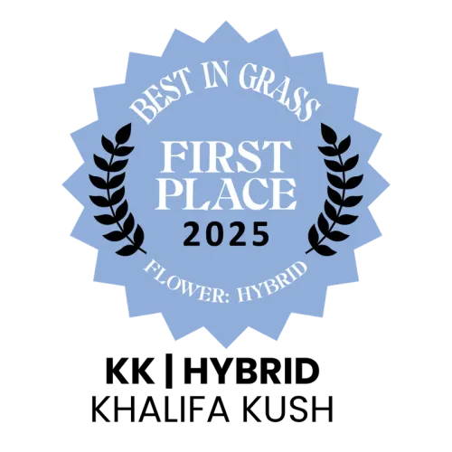 Best in Grass Nevada 2025 First Place award badge: Khalifa Kush hybrid flower, grown by the Medizin cultivation team