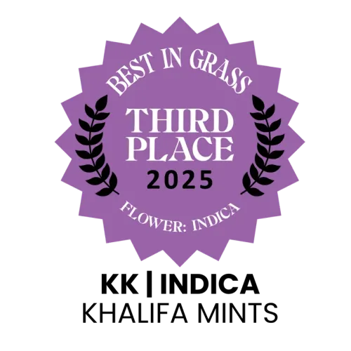 Best in Grass Nevada 2025 Third Place award badge: Khalifa Mints indica flower, grown by the Medizin cultivation team