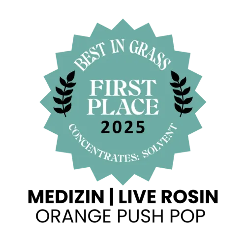 Best in Grass Nevada 2025 First Place award badge: Orange Push Pop Live Rosin by Medizin