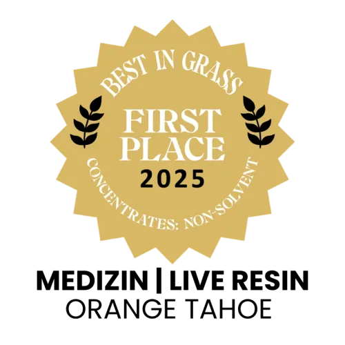 Best in Grass Nevada 2025 First Place award badge: Orange Tahoe Live Resin Badder by Medizin