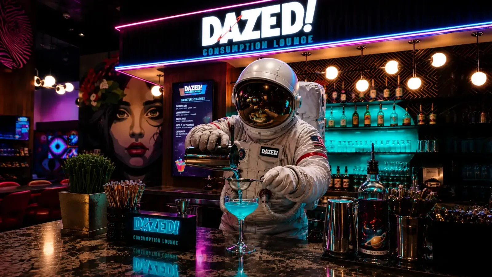 Inside the DAZED consumption lounge: an astronaut bartender pours a glowing blue canna-cocktail beneath the DAZED! neon