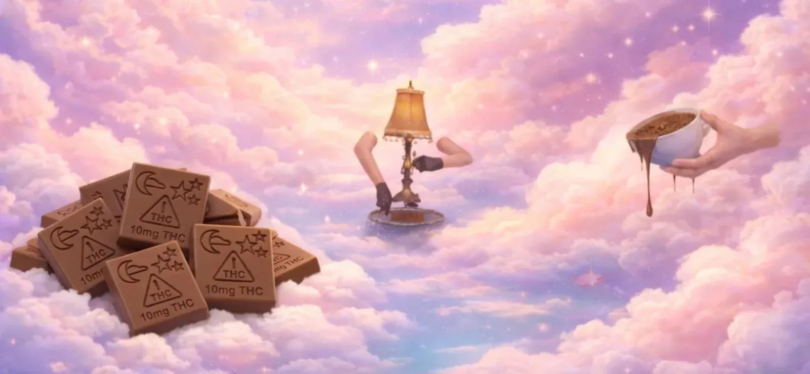 Dreamland's own art: chocolate squares floating on pastel clouds