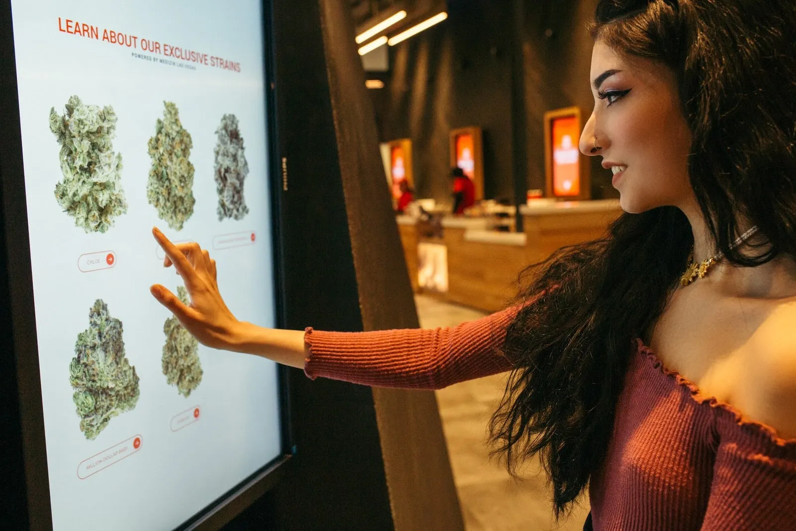 A shopper browsing strains on a touchscreen guide