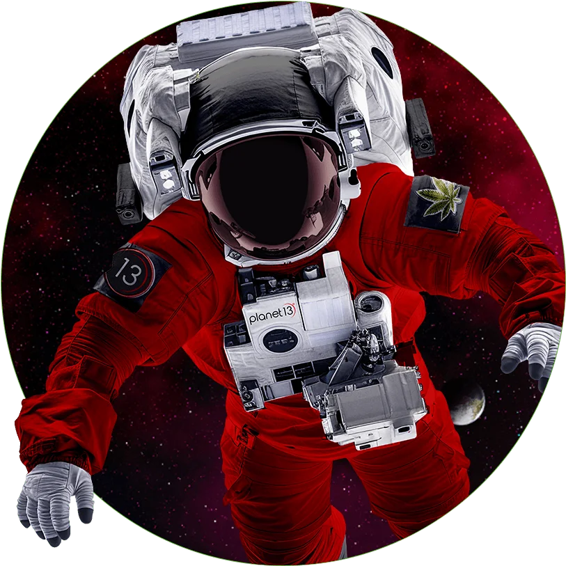 The Planet 13 astronaut drifting over a red planet