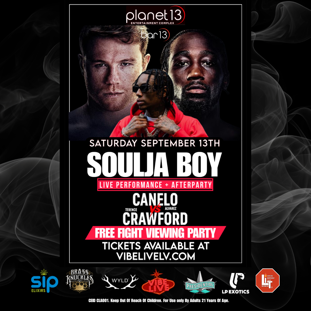 Promotional flyer for Soulja Boy live performance at Planet 13 Entertainment Complex on Saturday, September 13th. Includes meet & greet, live show, after party, Fight Night, and Zach’s Birthday Celebration.