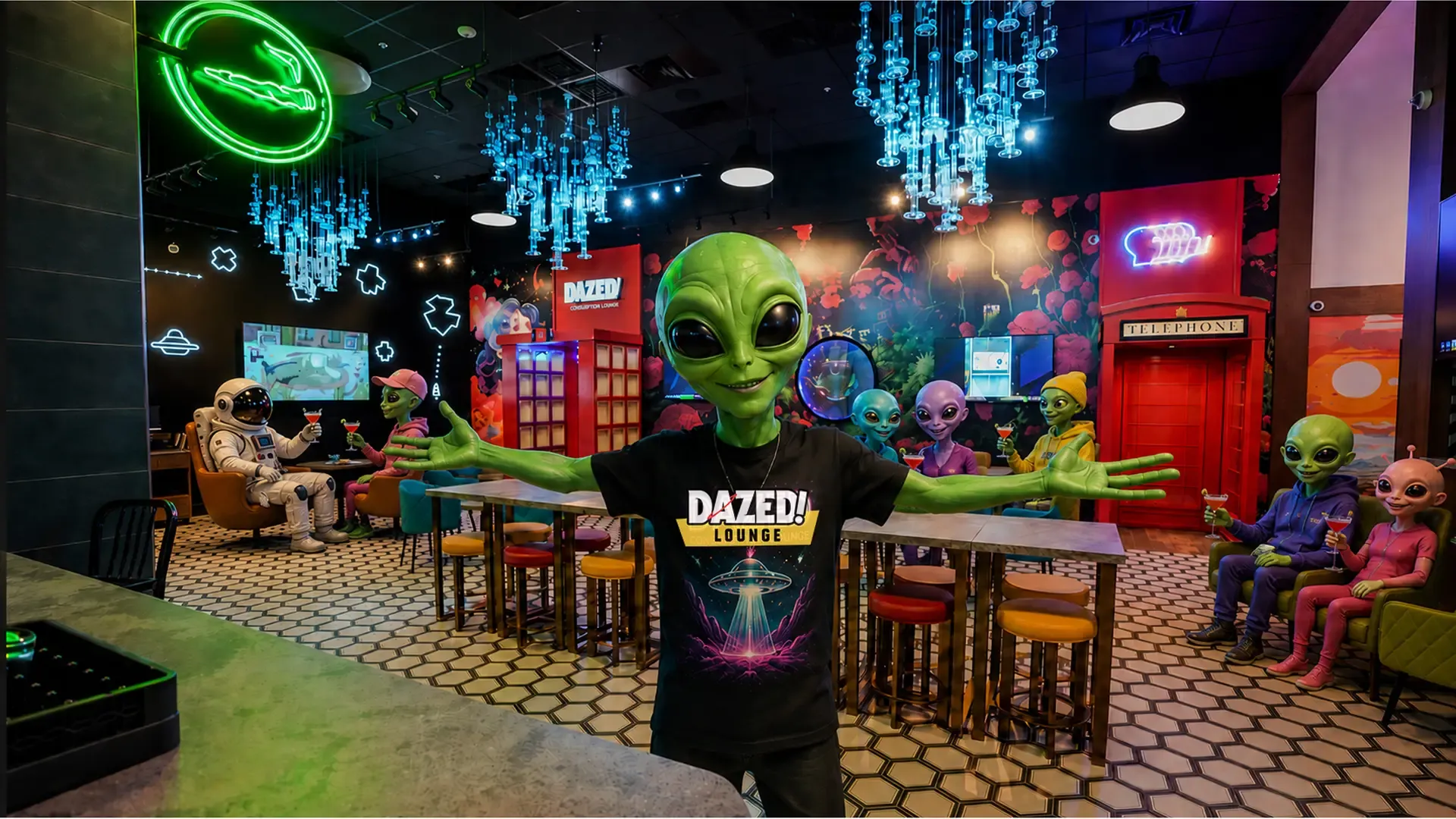 Inside the DAZED consumption lounge: the alien greeter welcomes a full house of alien and astronaut guests among neon signs and crystal chandeliers